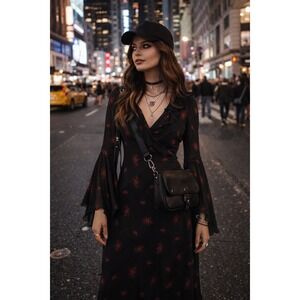 Express Silk Midi Dress Floral Bell Sleeve Whimsigoth Witchy Y2K Black Red 7/8